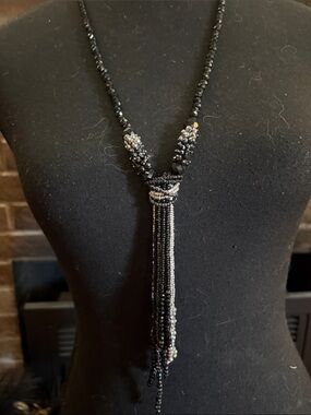 Black Beaded Tassel Necklace with Sparkling Accents